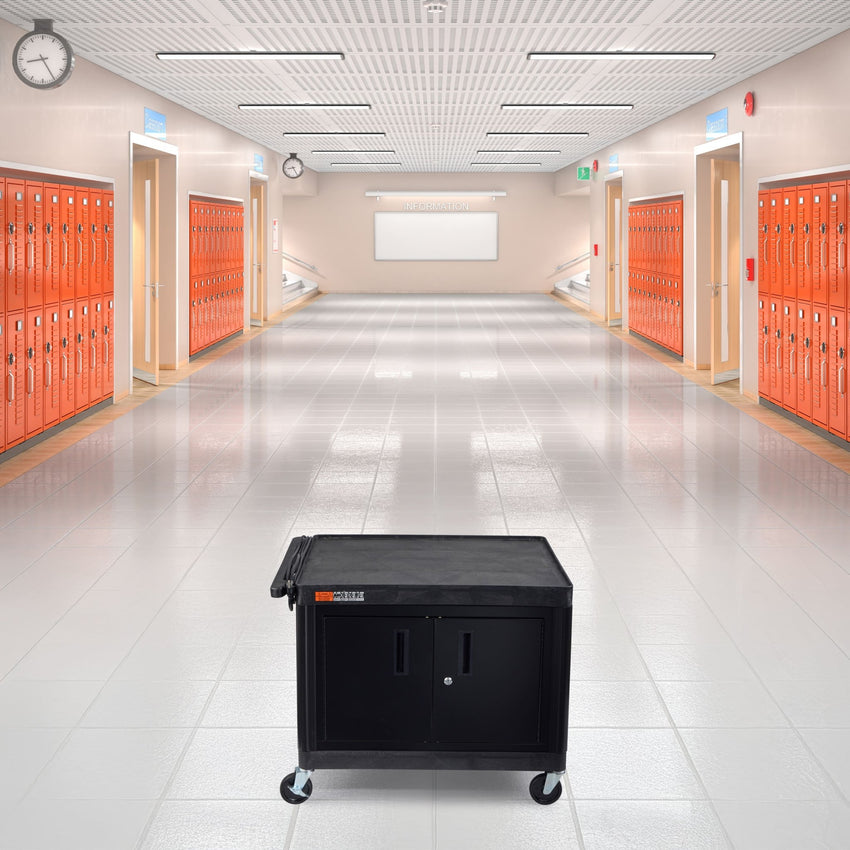 Luxor LE27C-B Black 2 Shelf A/V Cart with Electrical Assembly and Locking Cabinet - 24" W x 32" D x 27" H - SchoolOutlet