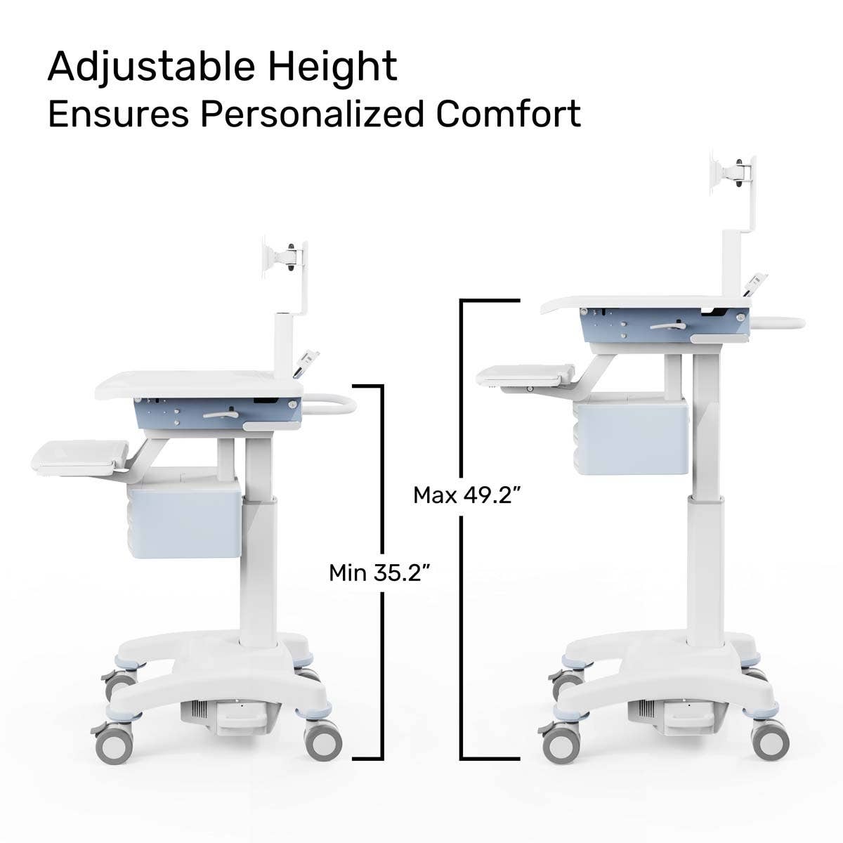 Luxor Vitalize Laptop Cart Adjustable Height Rolling Medical Cart Deluxe 24.1" W x 28.6" D x 50.5" - 64.5" H (MCWS004) - SchoolOutlet