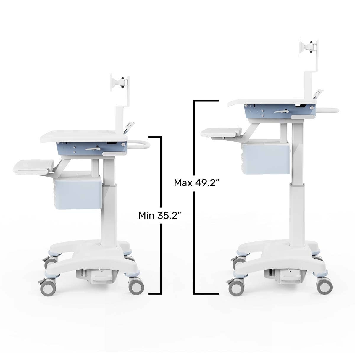 Luxor Vitalize Laptop Cart Adjustable Height Rolling Medical Cart Deluxe 24.1" W x 28.6" D x 50.5" - 64.5" H (MCWS004) - SchoolOutlet