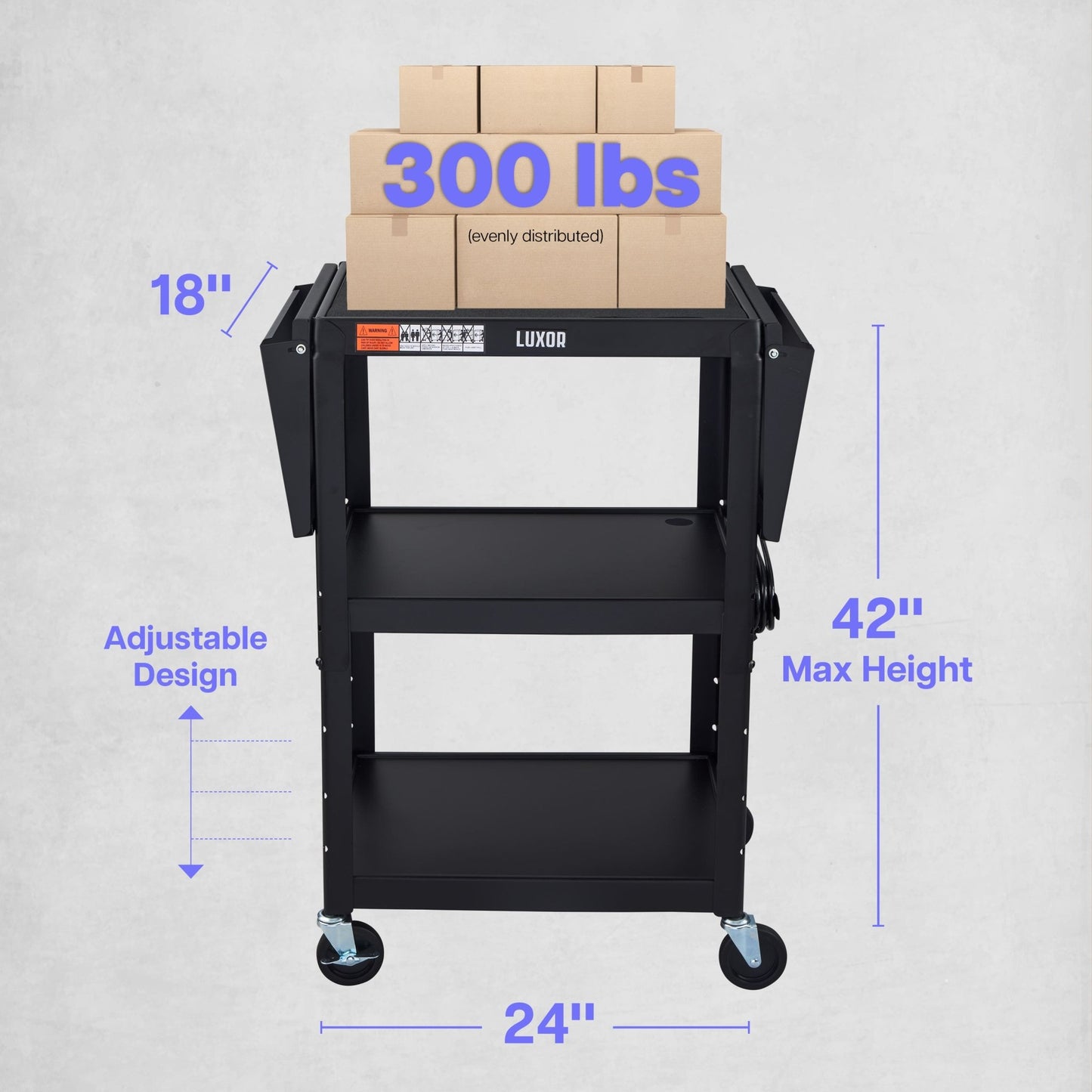 Luxor UCMT1DL 42" Adjustable-Height Steel Utility Cart - Drop Leaf Shelves - 3 shelves - SchoolOutlet
