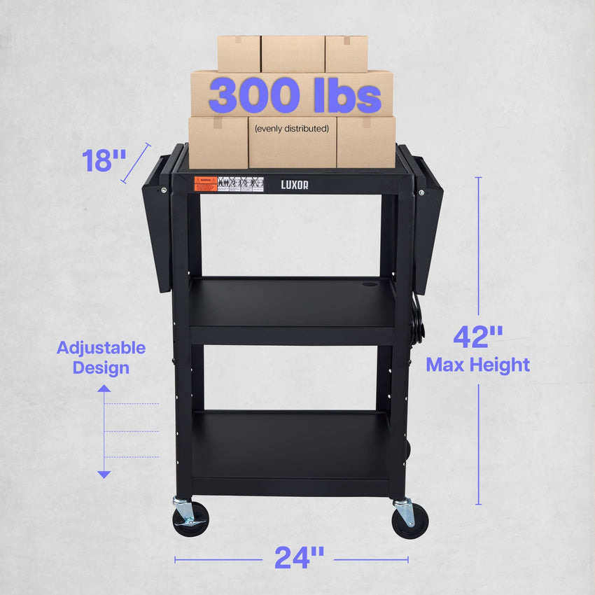 Luxor UCMT1DL 42" Adjustable-Height Steel Utility Cart - Drop Leaf Shelves - 3 shelves - SchoolOutlet