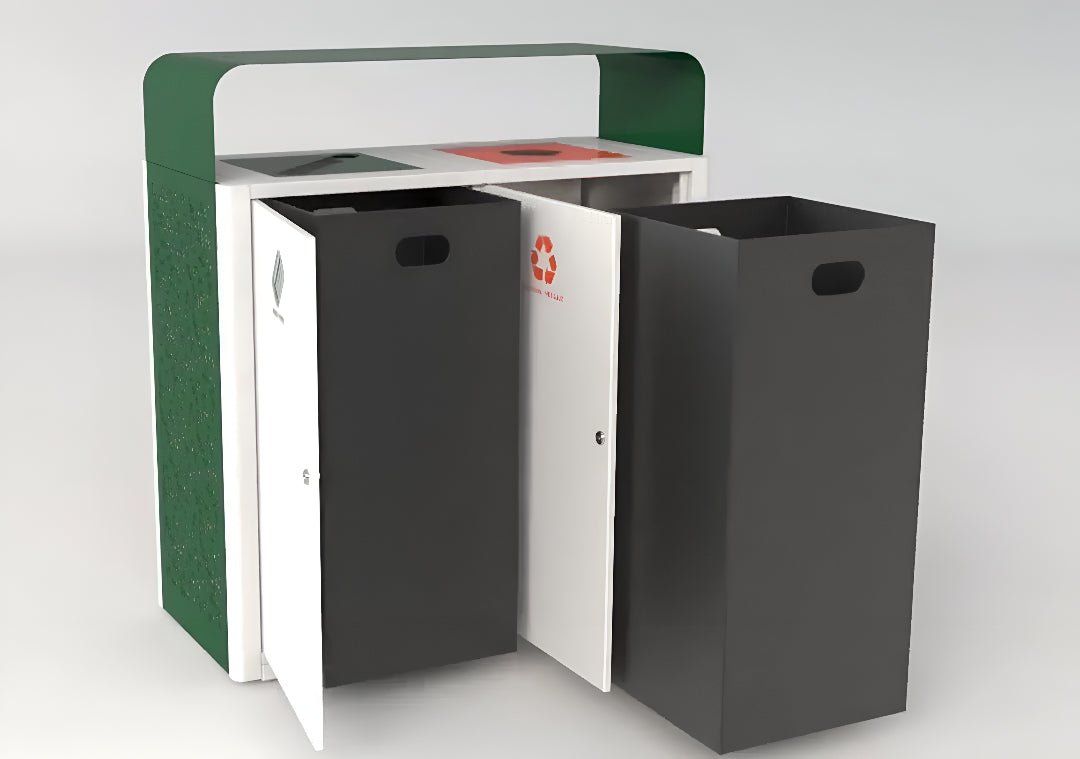 Magnuson UMEA - 21 Double 40 - Gallon Steel Waste Receptacle with Flat Hood, Dual Top Openings, and Internal Rigid Liners - SchoolOutlet
