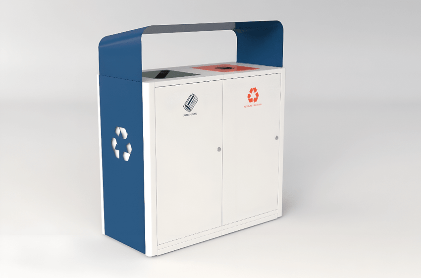 Magnuson UMEA - 22 Double 40 - Gallon Steel Waste Receptacle with Angled Hood, Dual Top Openings, and Internal Rigid Liners (MAG - UMEA - 22) - SchoolOutlet