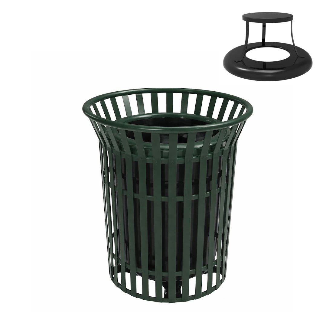 MyTcoat - 32 Gallon Skyline Trash Receptacle with Flared Top - Bonnet Top and Liner - Strap Metal 30" Diameter x 35.25" H (MYT - RSL32 - 00 - 002) - SchoolOutlet
