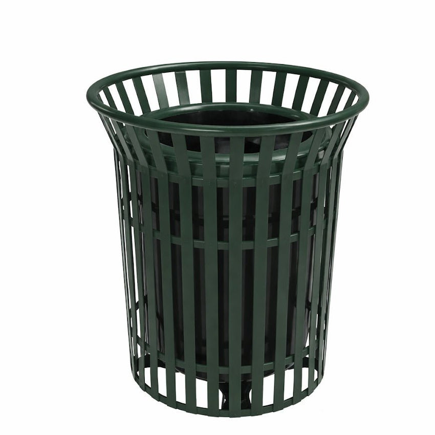 MyTcoat - 32 Gallon Skyline Trash Receptacle with Flared Top - Bonnet Top and Liner - Strap Metal 30" Diameter x 35.25" H (MYT - RSL32 - 00 - 002) - SchoolOutlet