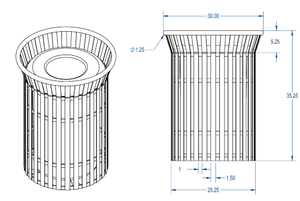 MyTcoat - 32 Gallon Skyline Trash Receptacle with Flared Top - Bonnet Top and Liner - Strap Metal 30" Diameter x 35.25" H (MYT - RSL32 - 00 - 002) - SchoolOutlet