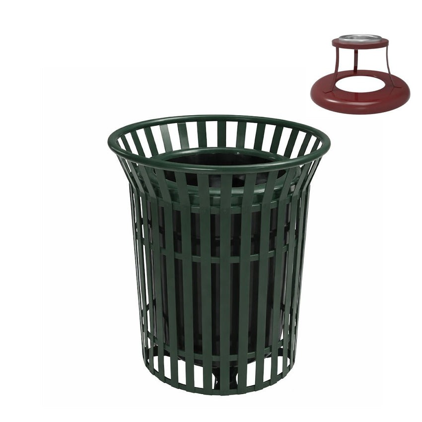 MyTcoat - 32 Gallon Skyline Trash Receptacle with Flared Top - Ash Bonnet Top and Liner - Strap Metal 30" Diameter x 35.25" H (MYT - RSL32 - 00 - 003) - SchoolOutlet