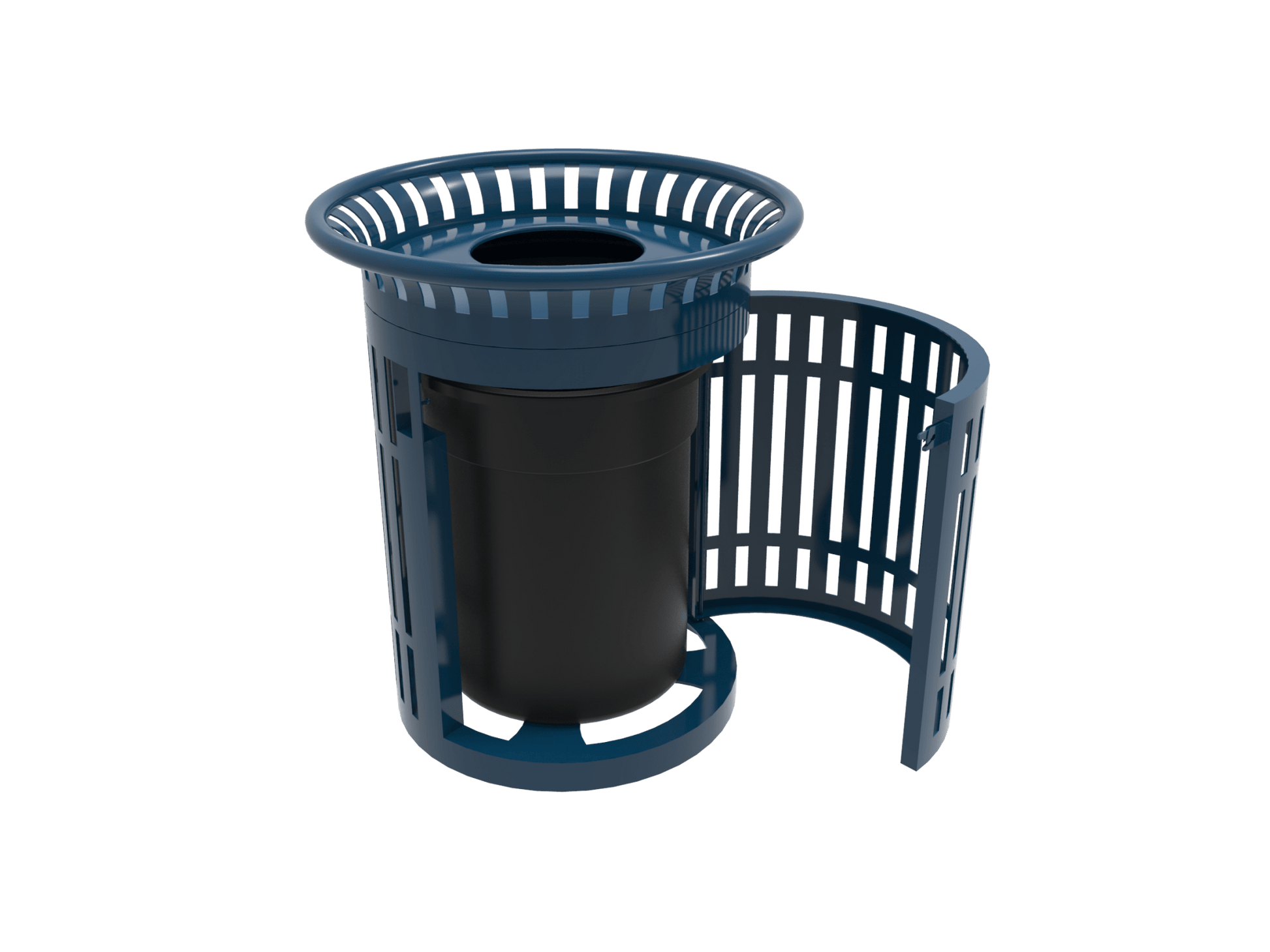 MyTcoat - 32 Gallon Skyline Trash Receptacle with Flared Top and Side Opening - Flattop and Liner - Strap Metal 33.8" Diameter x 39.7" H (MYT-RSL32-02) - SchoolOutlet
