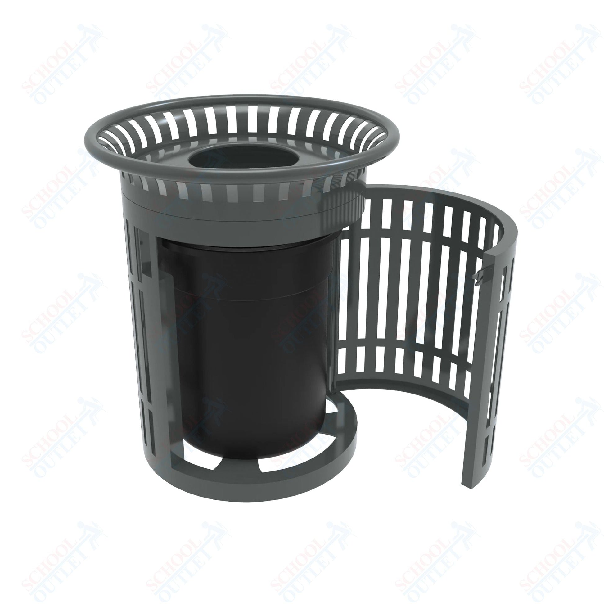 MyTcoat - 32 Gallon Skyline Trash Receptacle with Flared Top and Side Opening - Flattop and Liner - Strap Metal 33.8" Diameter x 39.7" H (MYT - RSL32 - 02) - SchoolOutlet