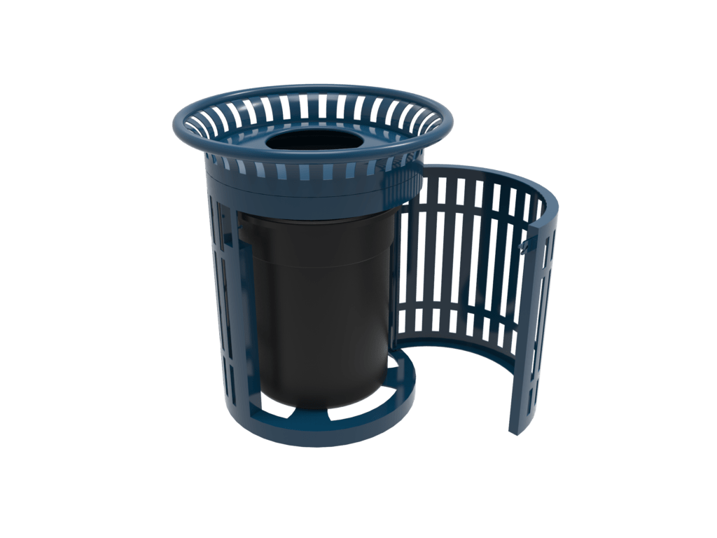 MyTcoat - 32 Gallon Skyline Trash Receptacle with Flared Top and Side Opening - Steel Dome and Liner - Strap Metal 33.8" Diameter x 39.7" H (MYT - RSL32 - 02 - 001) - SchoolOutlet