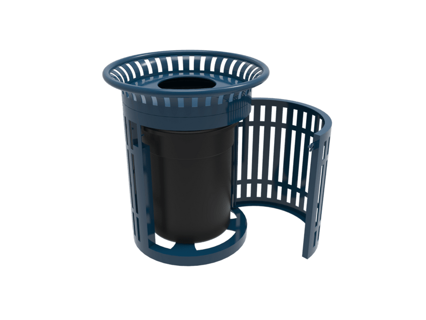 MyTcoat - 32 Gallon Skyline Trash Receptacle with Flared Top and Side Opening - Bonnet Top and Liner - Strap Metal 33.8" Diameter x 39.7" H (MYT - RSL32 - 02 - 002) - SchoolOutlet