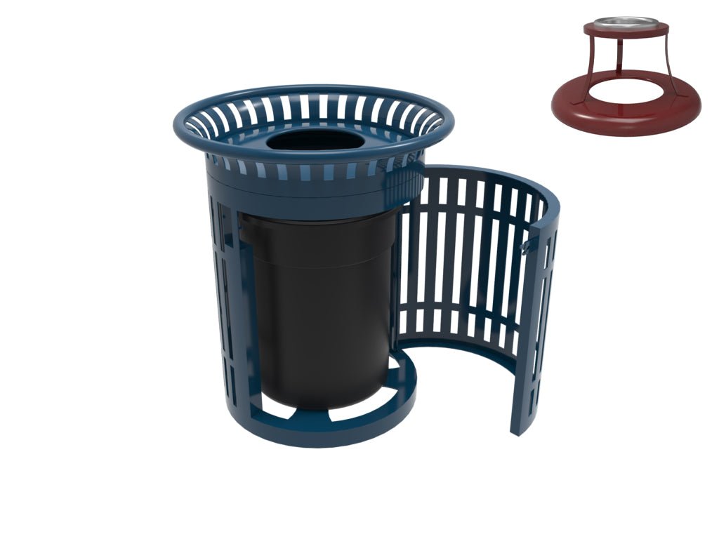 MyTcoat - 32 Gallon Skyline Trash Receptacle with Flared Top and Side Opening - Ash Bonnet Top and Liner - Strap Metal 33.8" Diameter x 39.7" H (MYT - RSL32 - 02 - 003) - SchoolOutlet