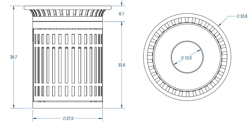 MyTcoat - 32 Gallon Skyline Trash Receptacle with Flared Top and Side Opening - Ash Bonnet Top and Liner - Strap Metal 33.8" Diameter x 39.7" H (MYT - RSL32 - 02 - 003) - SchoolOutlet