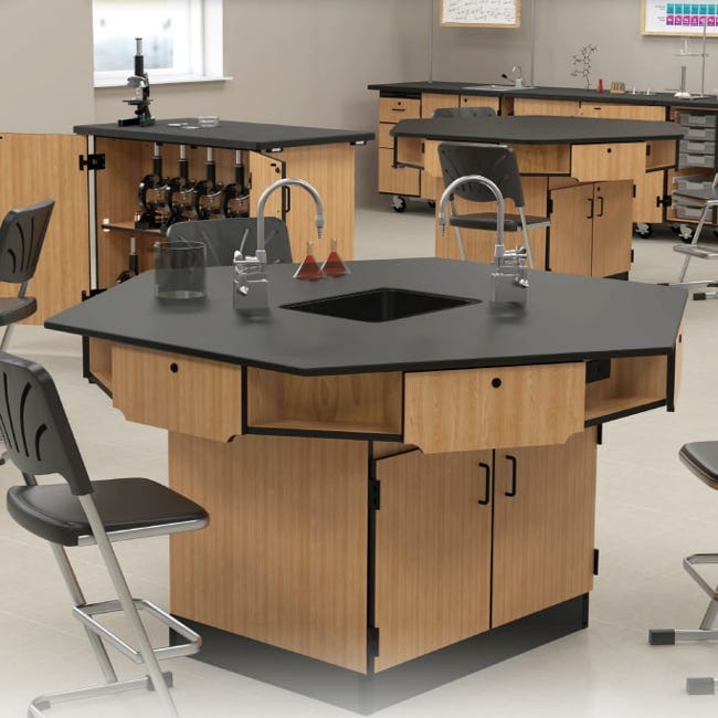 NPS 6 - Person Workstation Phenolic Top Cabinet Base Epoxy Sink and Gas Fixtures with Power Strips - Lab Furniture (NPS - WSHP - CXPSESGF) - SchoolOutlet