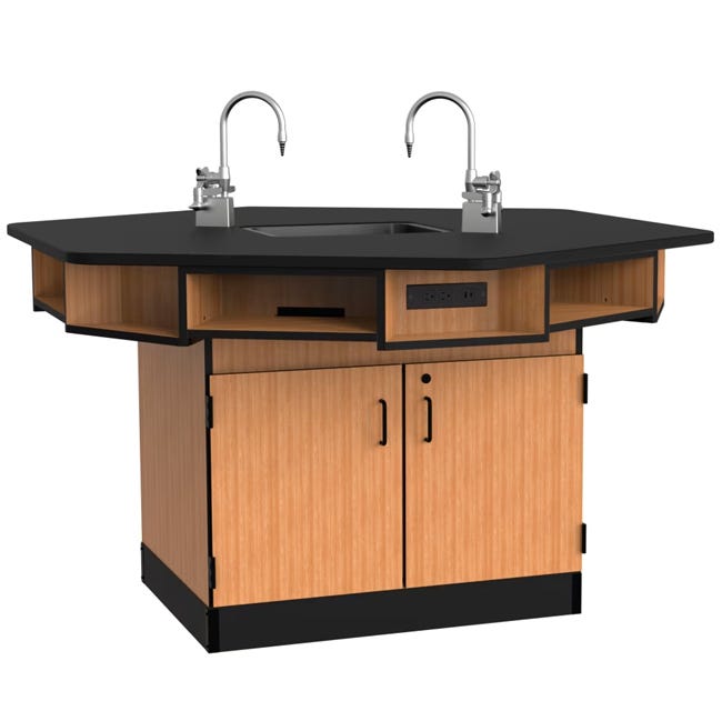 NPS 6 - Person Workstation Phenolic Top Cabinet Base Epoxy Sink and Gas Fixtures with Power Strips - Lab Furniture (NPS - WSHP - CXPSESGF) - SchoolOutlet