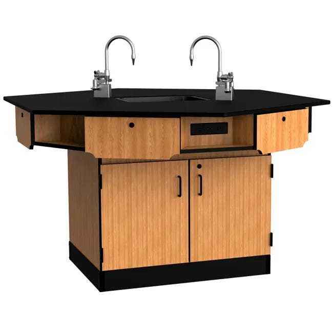NPS 6 - Person Workstation Phenolic Top Cabinet Base Epoxy Sink and Gas Fixtures with Power Strips - Lab Furniture (NPS - WSHP - CXPSESGF) - SchoolOutlet