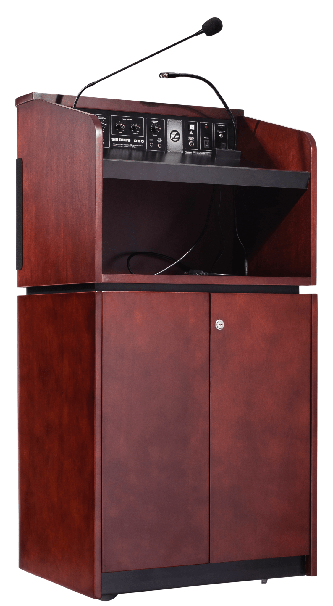 Oklahoma Sound Tabletop & Base Combo Sound Lectern, Mahogany on Walnut with Speaker and Reading Lamp (OKL - 950/901 - MY/WT) - SchoolOutlet
