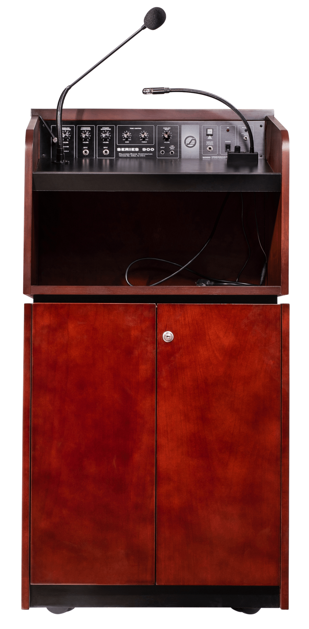 Oklahoma Sound Tabletop & Base Combo Sound Lectern, Mahogany on Walnut with Speaker and Reading Lamp (OKL - 950/901 - MY/WT) - SchoolOutlet