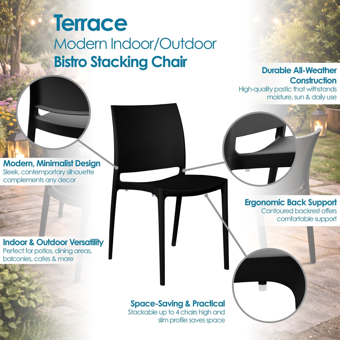 Regency Niche Terrace Plastic Indoor/Outdoor Stacking Chair (Set of 12) 17.5"W x 20.5"D x 32"H (REG-4100XX12PK) - SchoolOutlet