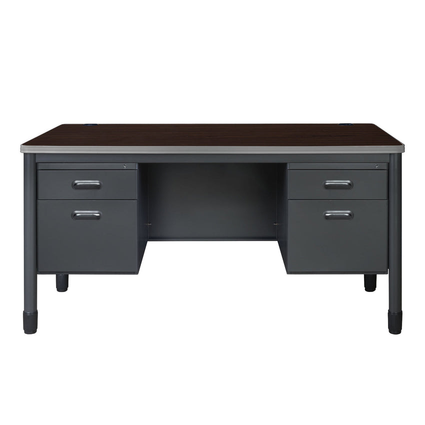 Regency Mesa Steel Double Pedestal Teacher's Office Desk 60" x 30" - Neo Walnut Top, Black Base (REG - 66266DP) - SchoolOutlet