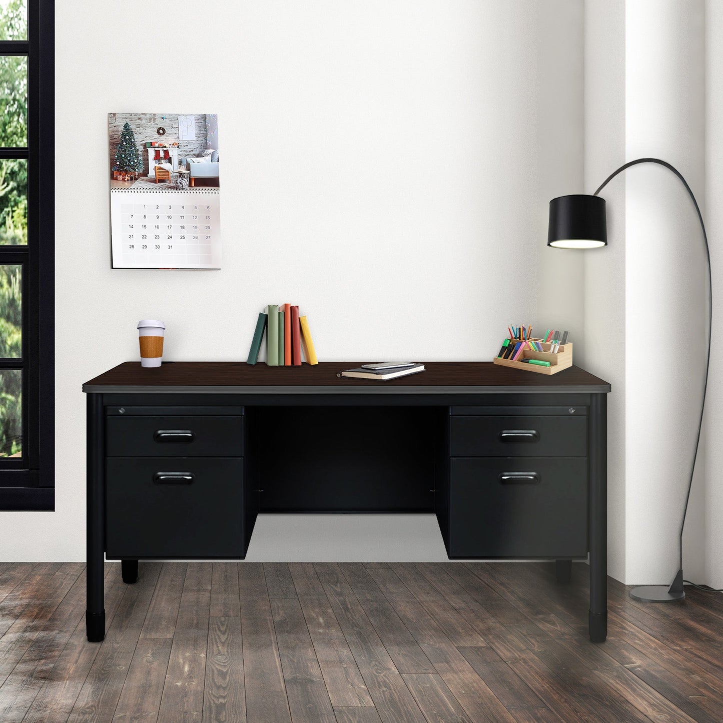 Regency Mesa Steel Double Pedestal Teacher's Office Desk 60" x 30" - Neo Walnut Top, Black Base (REG - 66266DP) - SchoolOutlet