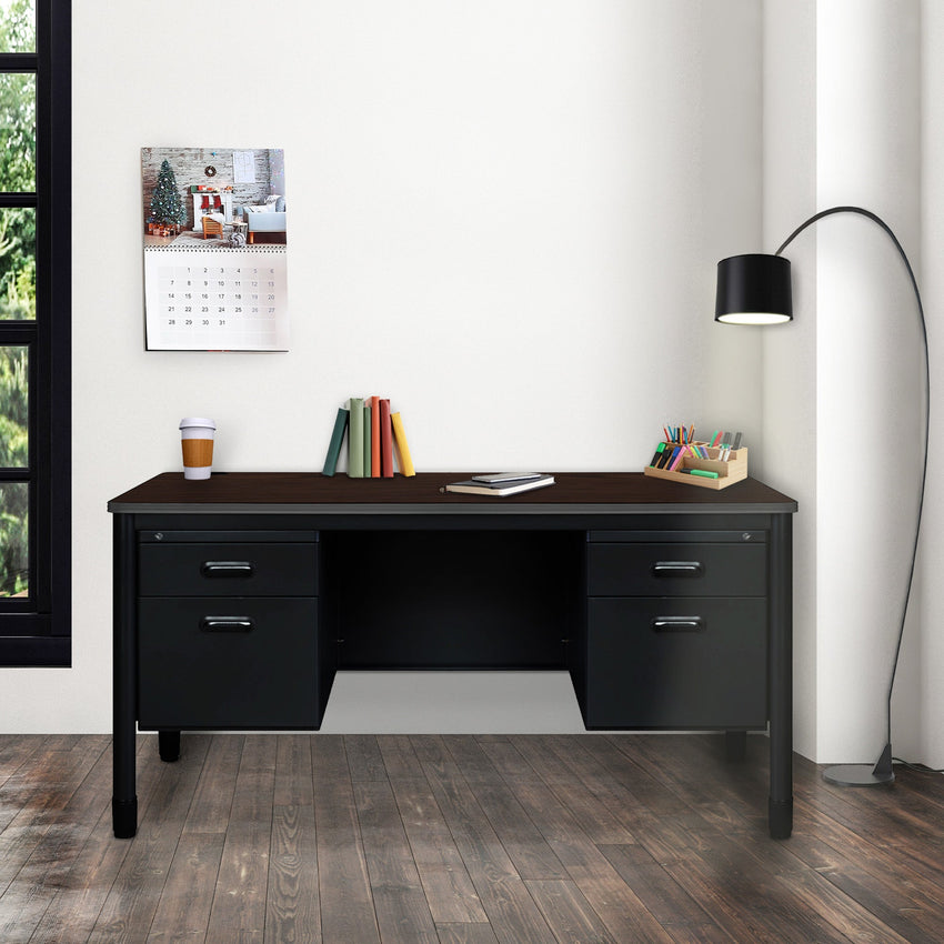 Regency Mesa Steel Double Pedestal Teacher's Office Desk 60" x 30" - Neo Walnut Top, Black Base (REG - 66266DP) - SchoolOutlet