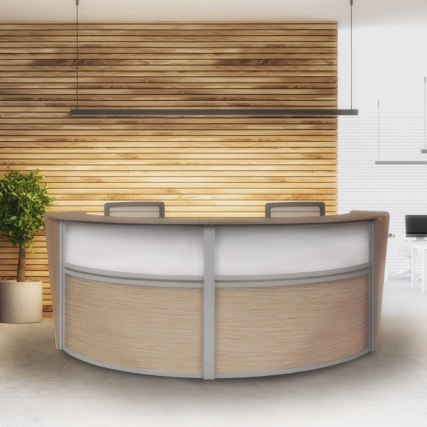 Regency Marque Plexi Double - Unit Reception Curved Desk Workstation 124.25"W x 49"D - SchoolOutlet