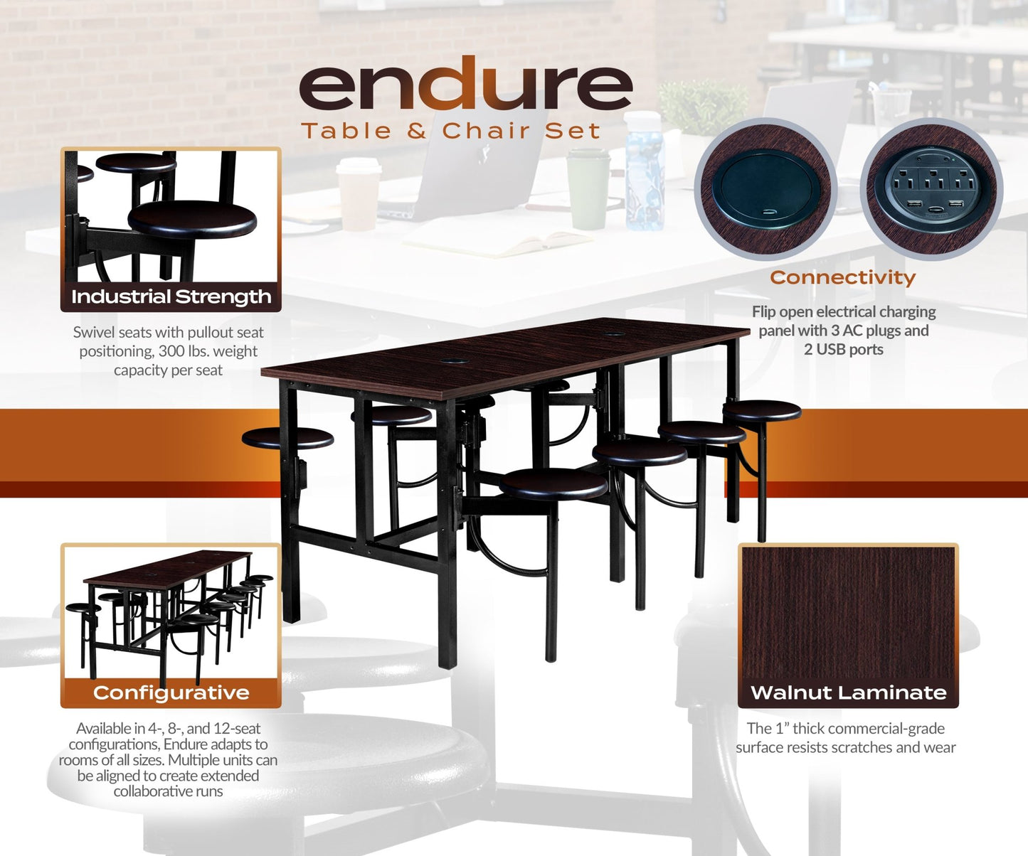 Regency Endure Standing Height Collaborative Table & Chair Set with 8 Pull-Out Stools Walnut Top, Walnut Wood Seats 31.25"W x 96"L x 38"H (REG-9008-WLT-WLT) - SchoolOutlet