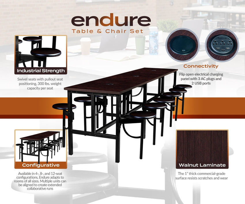 Regency Endure Standing Height Collaborative Table & Chair Set with 12 Pull-Out Stools Walnut Top, Walnut Wood Seats 31.25"W x 141"L x 38"H (REG-9012-WLT-WLT) - SchoolOutlet