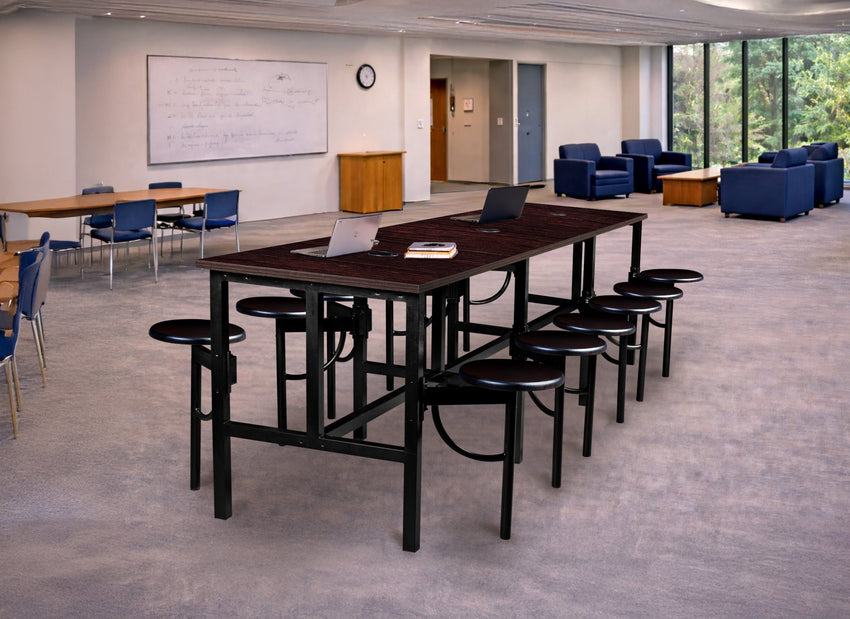 Regency Endure Standing Height Collaborative Table & Chair Set with 12 Pull-Out Stools Walnut Top, Walnut Wood Seats 31.25"W x 141"L x 38"H (REG-9012-WLT-WLT) - SchoolOutlet
