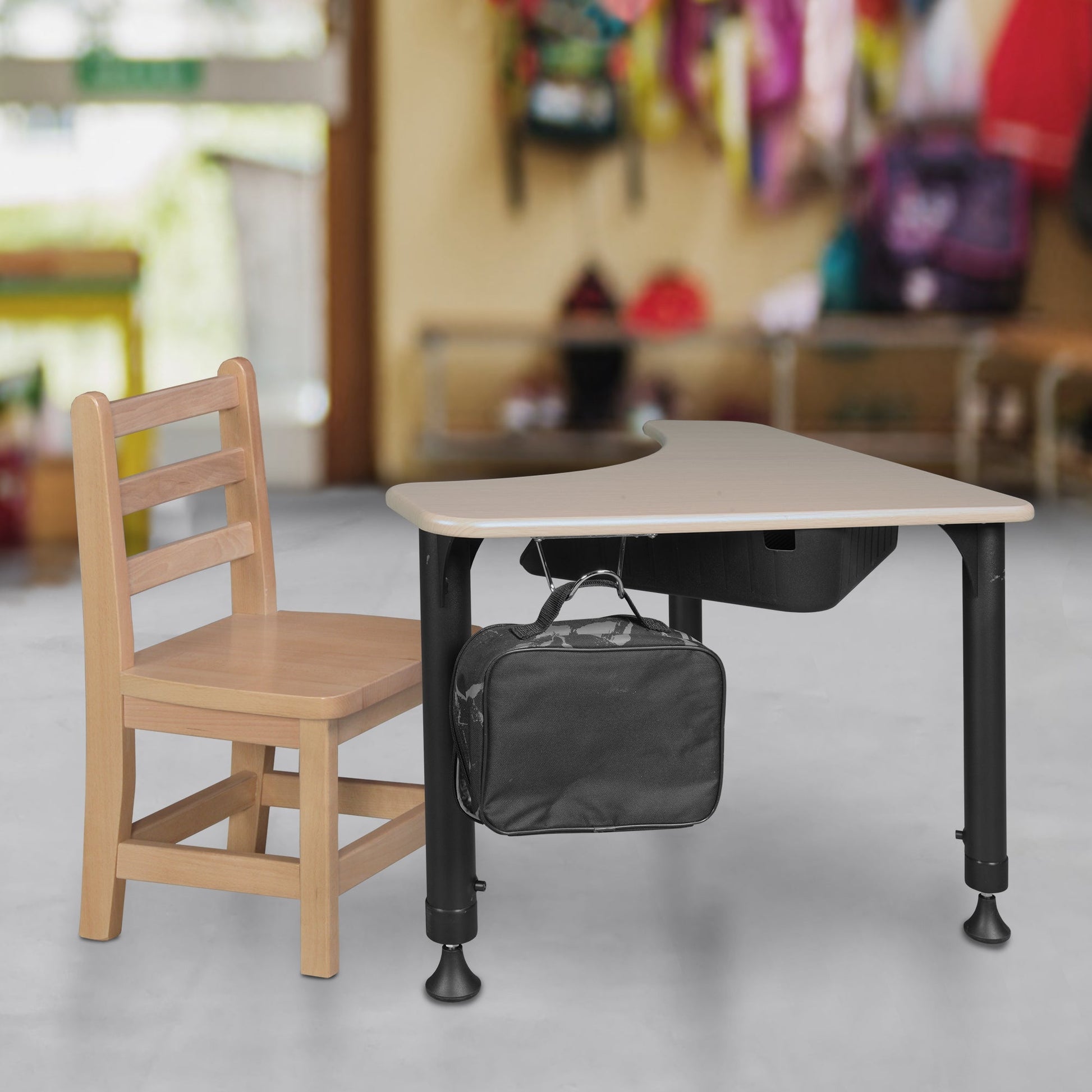Regency 28" Boomerang Height Adjustable Plastic Top Activity School Desk with Book Storage (Maple) - SchoolOutlet