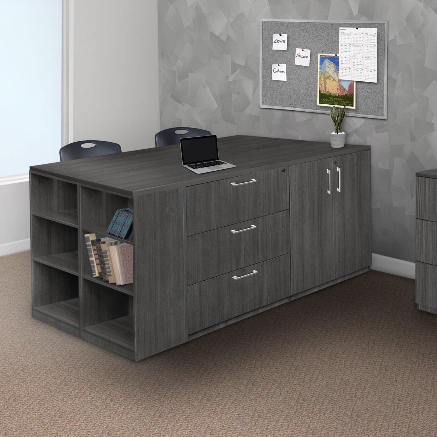 Regency Legacy Executive Stand Up 2 Desk Storage Cabinet Lateral File Quad with Bookcase End 85"W x 46"D x 42"H (REG - LS2SDSCLF8546) - SchoolOutlet