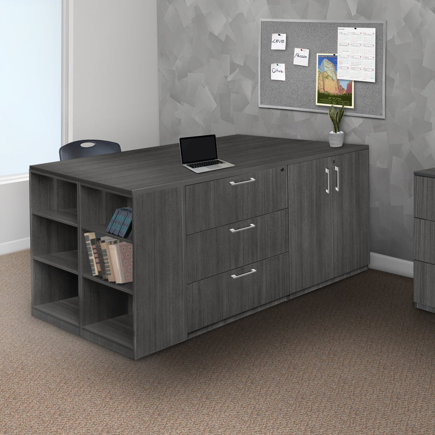 Regency Legacy Executive Stand Up Lateral File 3 Storage Cabinet Quad with Bookcase End 85"W x 46"D x 42"H (REG - LSLF3SC8546) - SchoolOutlet