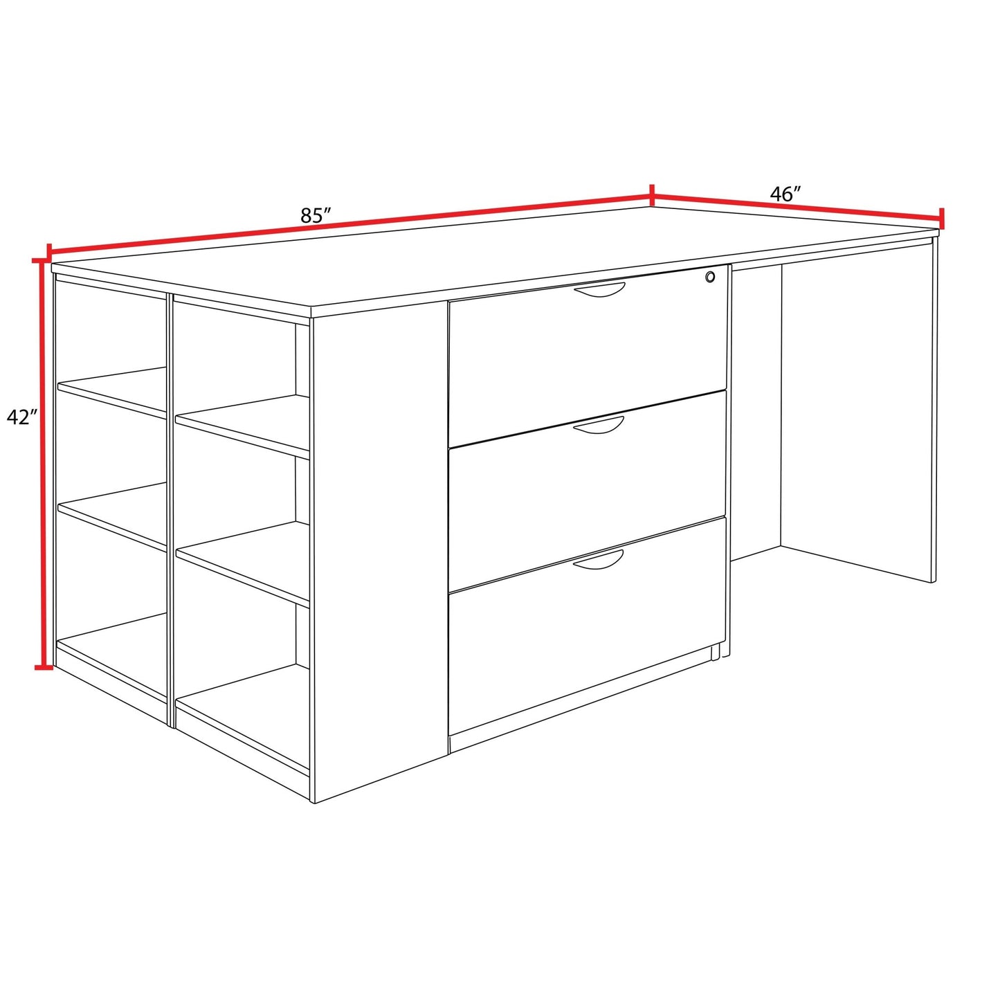 Regency Legacy Executive Stand Up Lateral File 3 Desk Quad with Bookcase End 85"W x 46"D x 42"H (REG - LSLF3SD8546) - SchoolOutlet