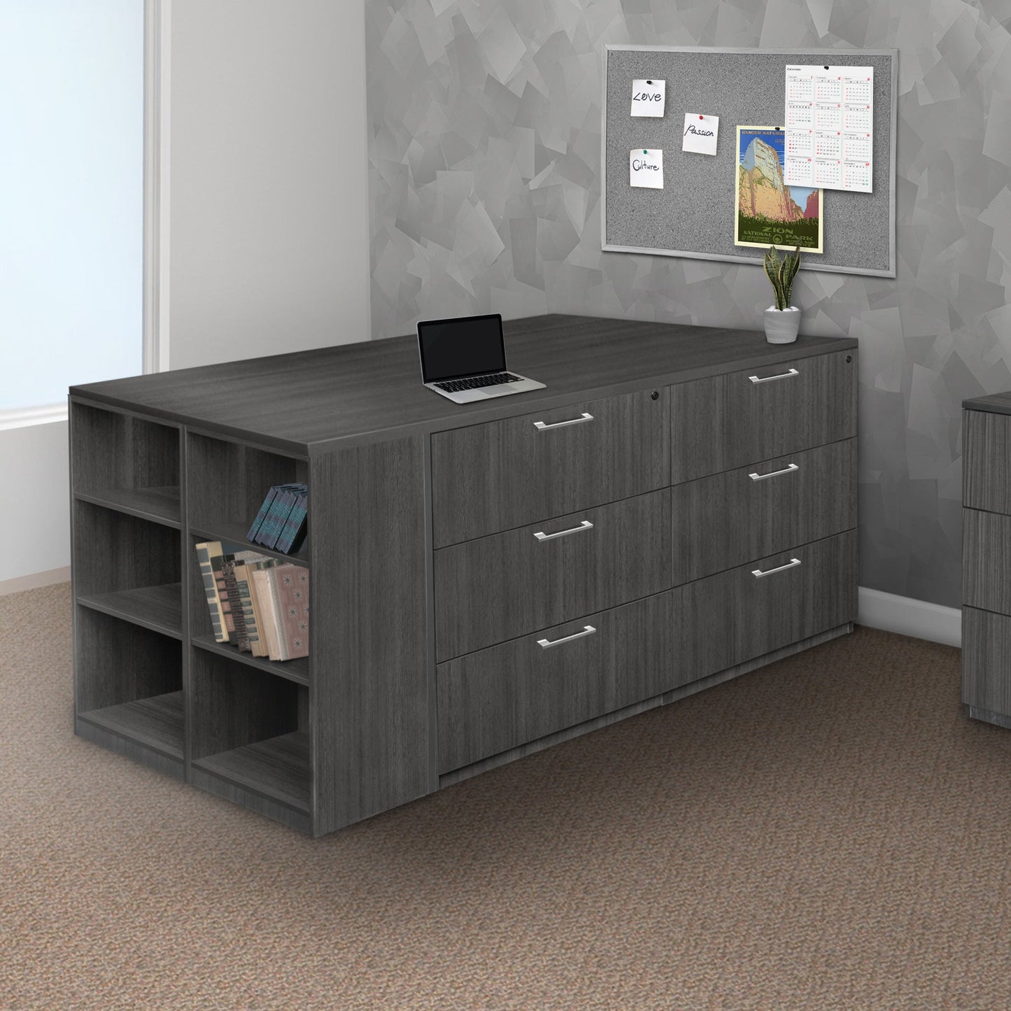 Regency Legacy Executive Stand Up Lateral File Quad with Bookcase End 85"W x 46"D x 42"H (REG - LSLFQUAD8546) - SchoolOutlet