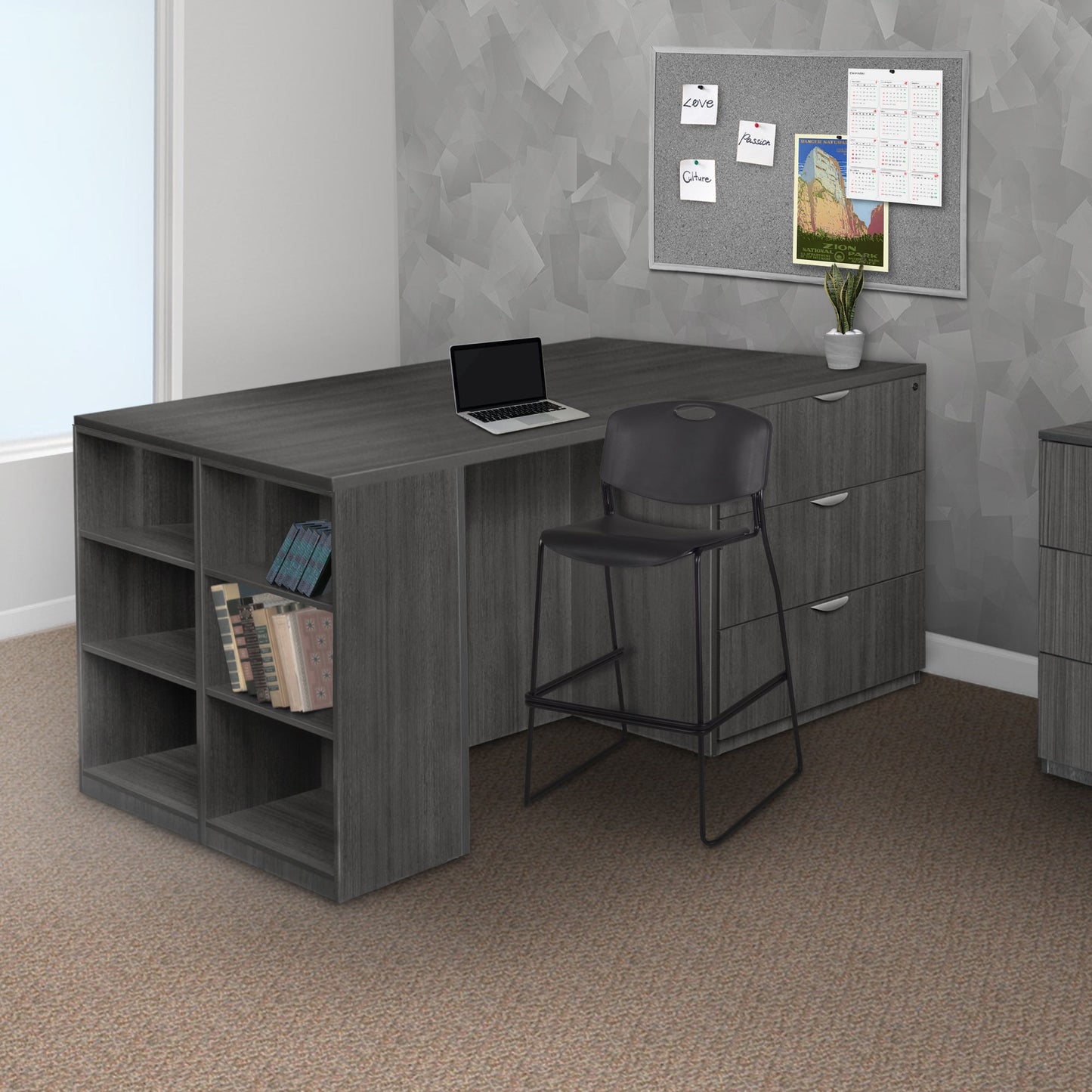 Regency Legacy Executive Stand Up Desk 3 Lateral File Quad with Bookcase End 85"W x 46"D x 42"H (REG - LSSD3LF8546) - SchoolOutlet