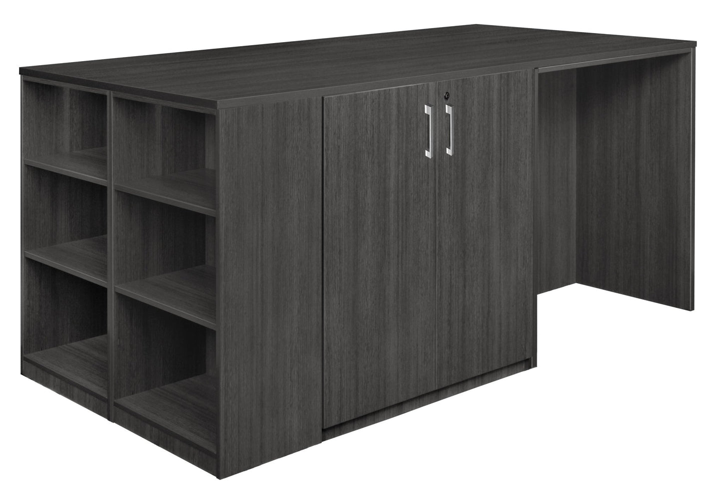 Regency Legacy Executive Stand Up Desk 3 Storage Cabinet Quad with Bookcase End 85"W x 46"D x 42"H (REG - LSSD3SC8546) - SchoolOutlet