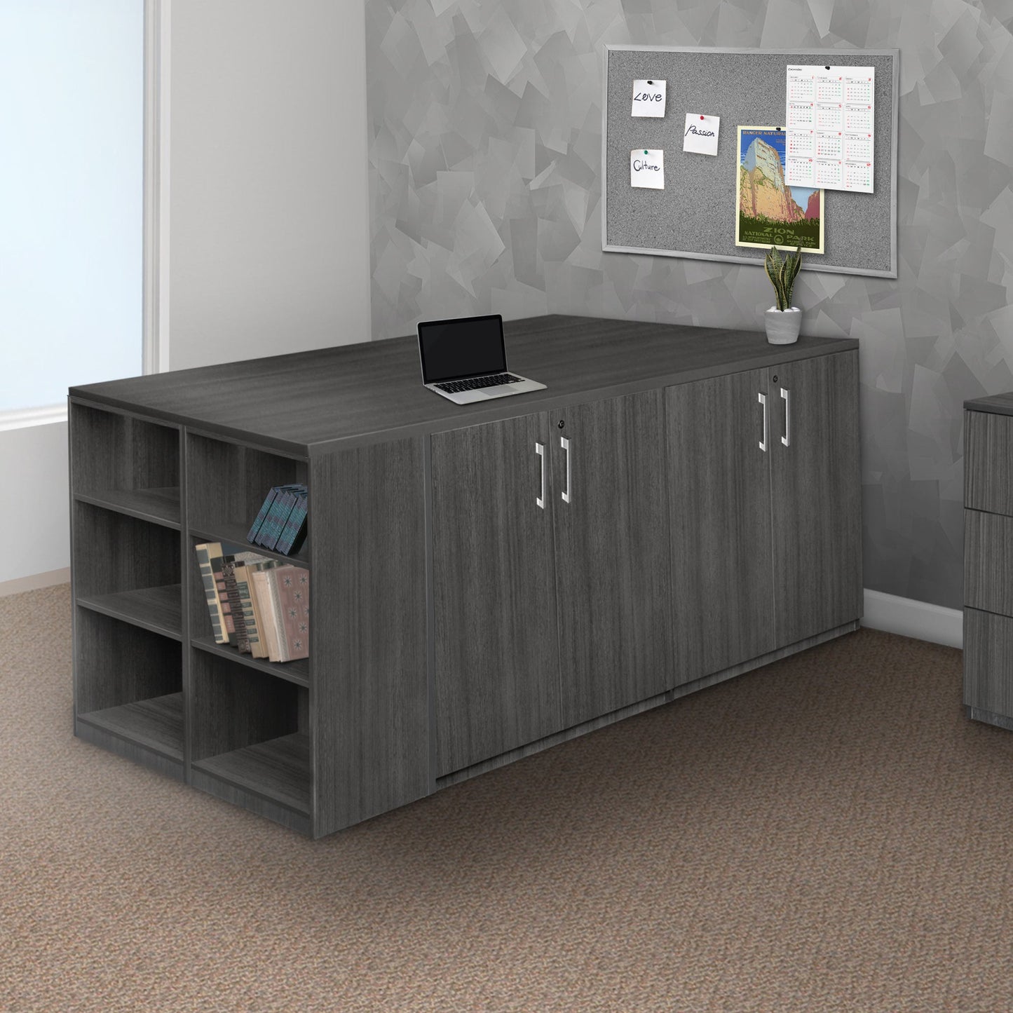 Regency Legacy Executive Stand Up Desk 3 Storage Cabinet Quad with Bookcase End 85"W x 46"D x 42"H (REG - LSSD3SC8546) - SchoolOutlet