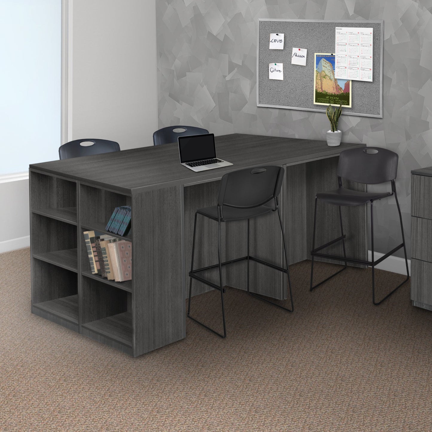 Regency Legacy Executive Stand Up Desk Quad with Bookcase End 85"W x 46"D x 42"H (REG - LSSDQUAD8546) - SchoolOutlet