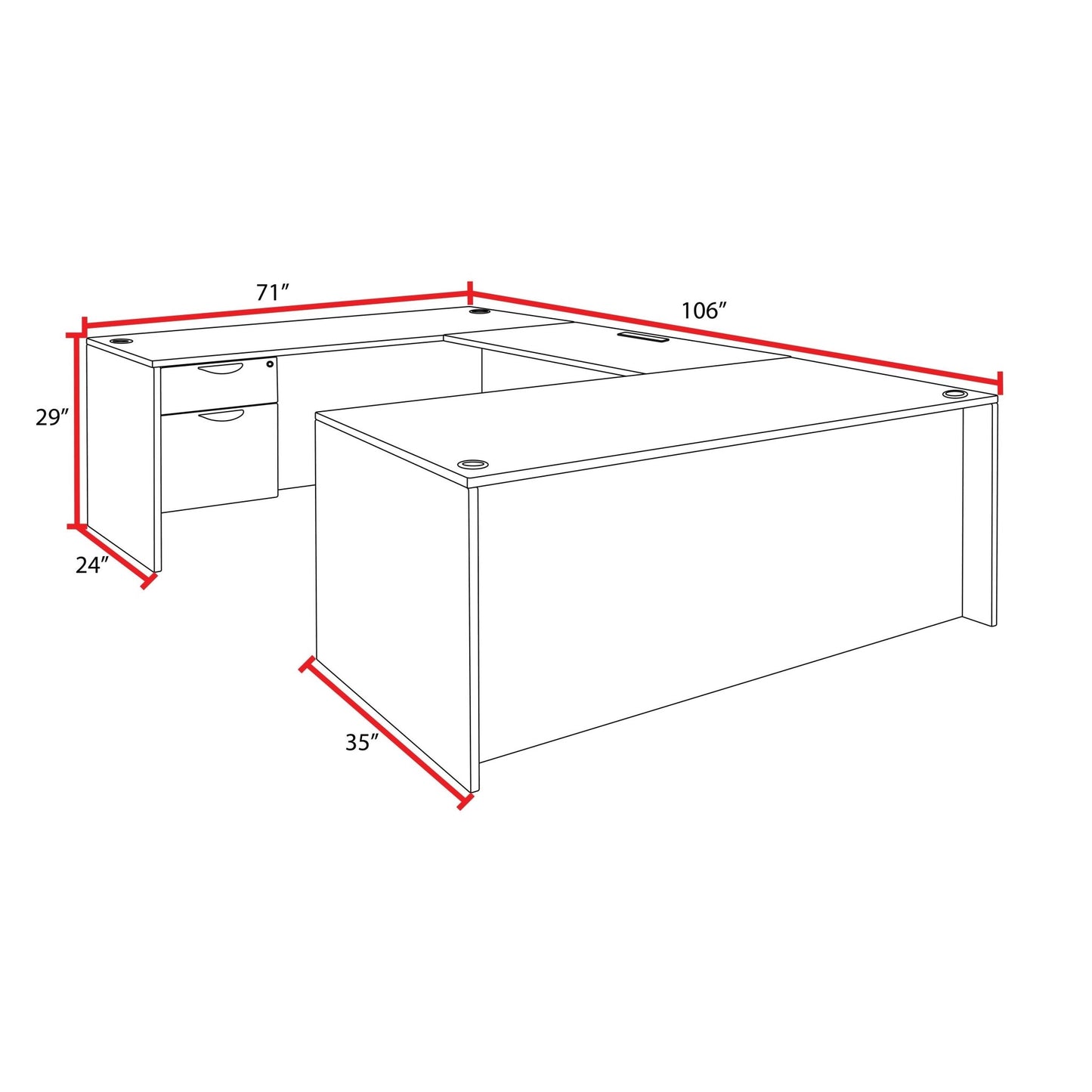 Regency Legacy Executive 71" x 35" U - Desk with Single Pedestal Drawer Unit 71"W x 106"D x 29"H (REG - LUDSP7135) - SchoolOutlet