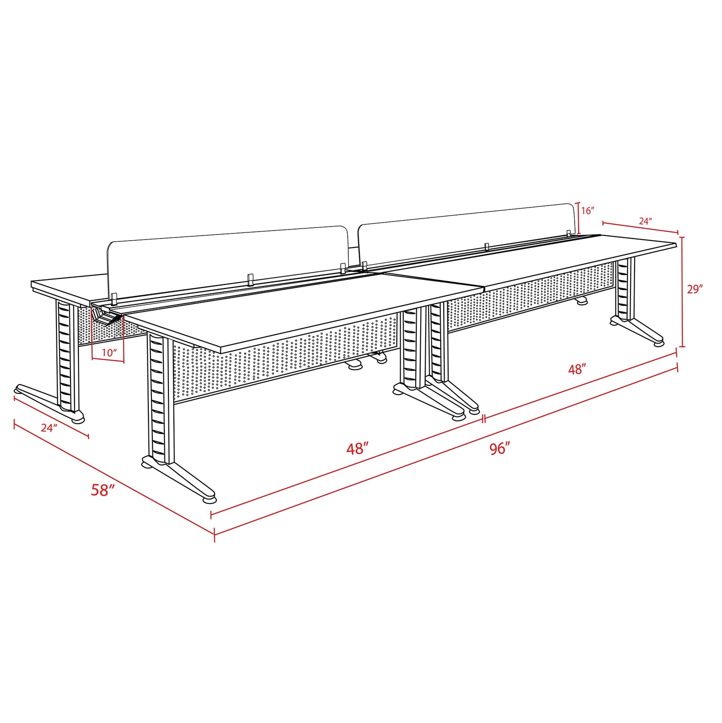 Regency Fusion 4 Person Double Bench Workstation Desk Privacy 96"W x 58"D x 29"H (REG - MFBPD9658) - SchoolOutlet