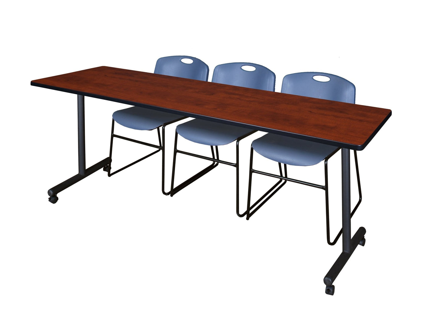 Regency Kobe Professional Mobile T - Base Training Table & 3 Zeng Stack Chairs 84"W x 24"D x 29"H (REG - MKTRCC8424 - ZNG) - SchoolOutlet