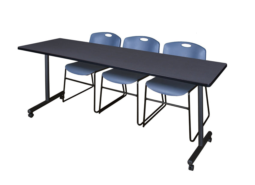 Regency Kobe Professional Mobile T - Base Training Table & 3 Zeng Stack Chairs 84"W x 24"D x 29"H (REG - MKTRCC8424 - ZNG) - SchoolOutlet