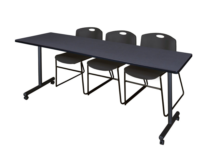 Regency Kobe Professional Mobile T - Base Training Table & 3 Zeng Stack Chairs 84"W x 24"D x 29"H (REG - MKTRCC8424 - ZNG) - SchoolOutlet