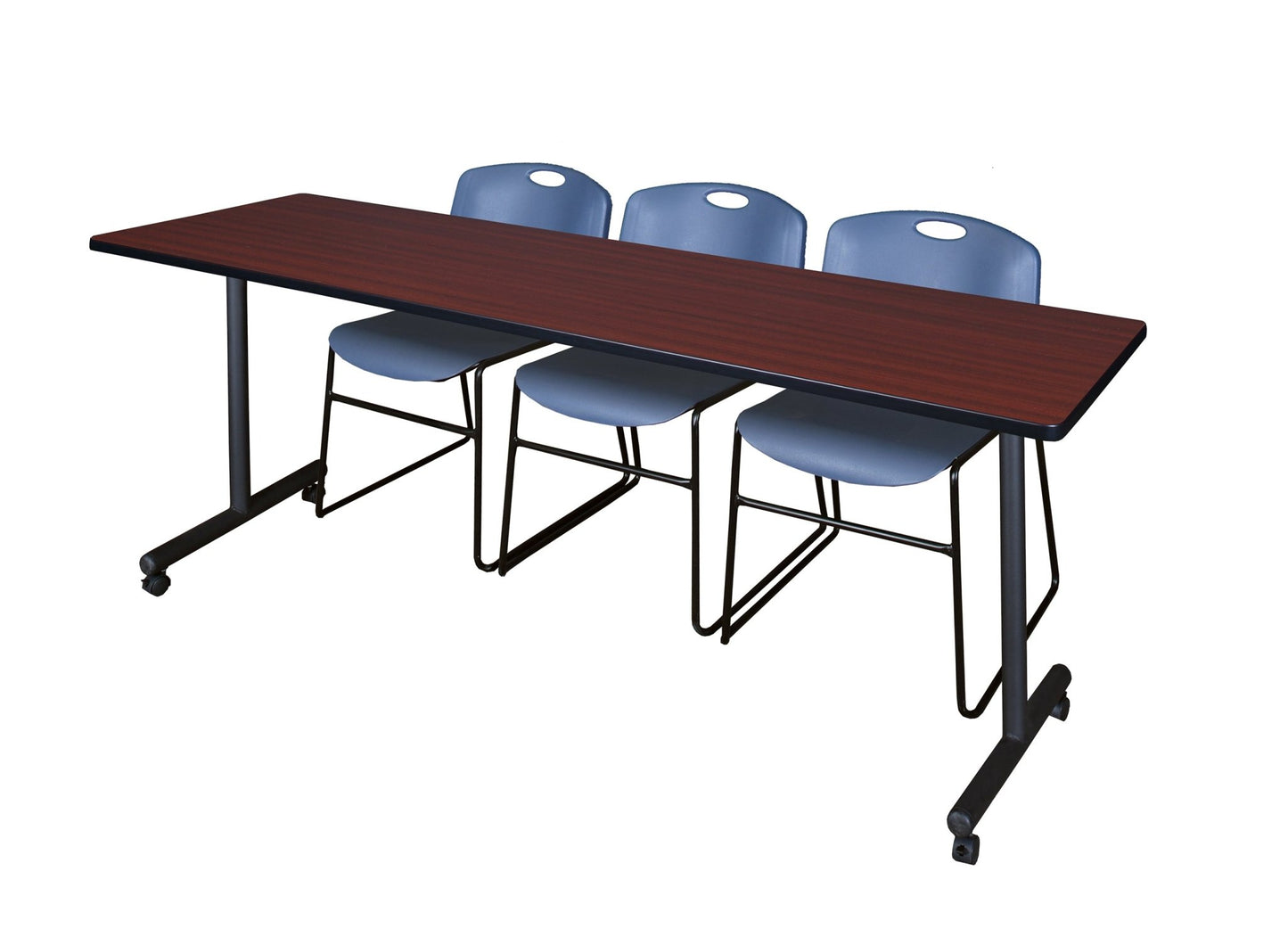 Regency Kobe Professional Mobile T - Base Training Table & 3 Zeng Stack Chairs 84"W x 24"D x 29"H (REG - MKTRCC8424 - ZNG) - SchoolOutlet