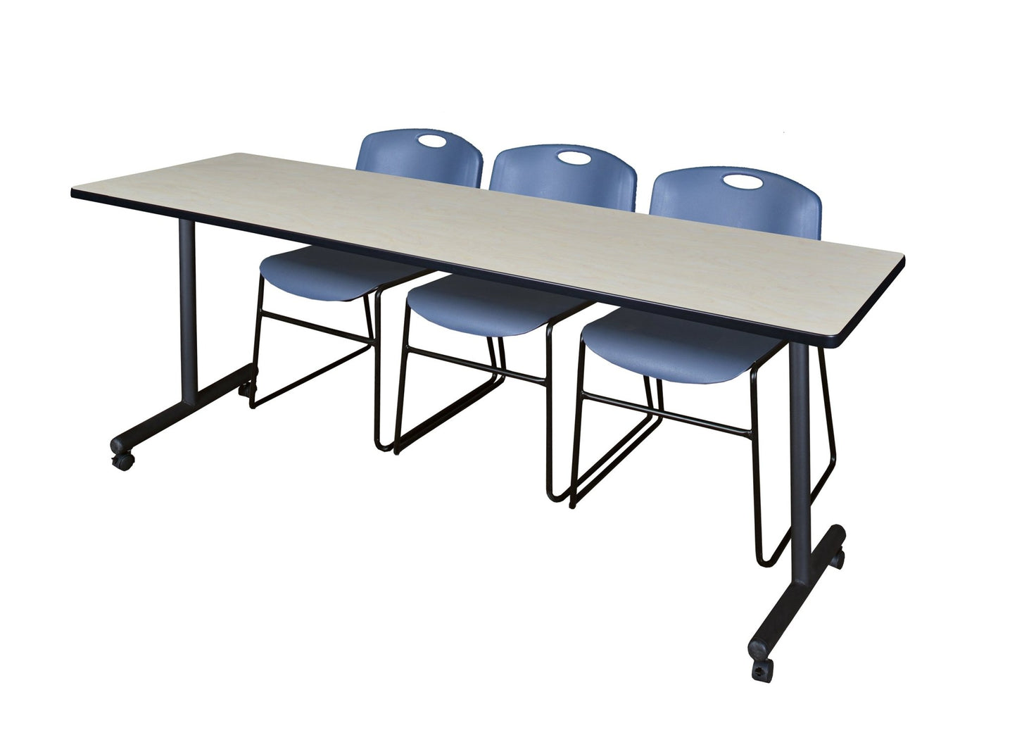 Regency Kobe Professional Mobile T - Base Training Table & 3 Zeng Stack Chairs 84"W x 24"D x 29"H (REG - MKTRCC8424 - ZNG) - SchoolOutlet