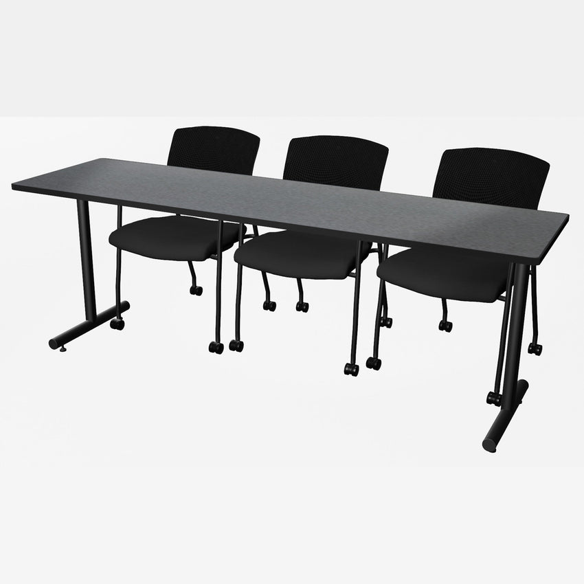 Regency Kobe Professional T - Base Training Seminar Table & 3 Knight Mesh Chairs 84"W x 24"D x 29"H (REG - MKTRCT8424 - KNM) - SchoolOutlet