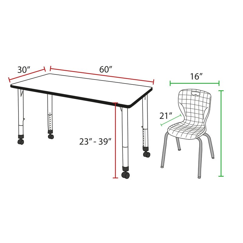 Regency Kee Versatile Mobile Height Adjustable Classroom Activity Suite with 2 Andy Stack Chairs 60"W x 30"D x 23 - 34"H (REG - KEE) - SchoolOutlet