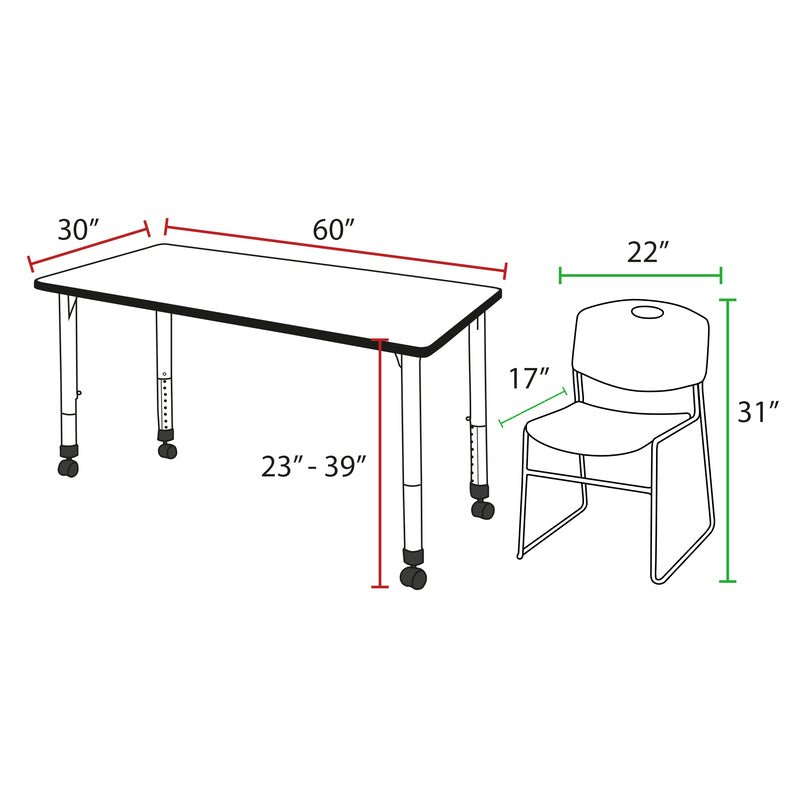 Regency Kee Professional Mobile Adjustable Classroom Suite with 2 Zeng Black Stack Chairs 60"W x 30"D x 23 - 34"H (REG - MT6030 - 44) - SchoolOutlet