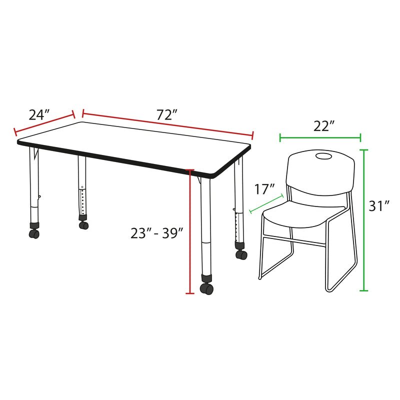 Regency Kee Mobile Classroom Set with 2 Black Zeng Stack Chairs 72W" x 24D" x 23 - 34H" (REG - MT7224 - 44) - SchoolOutlet